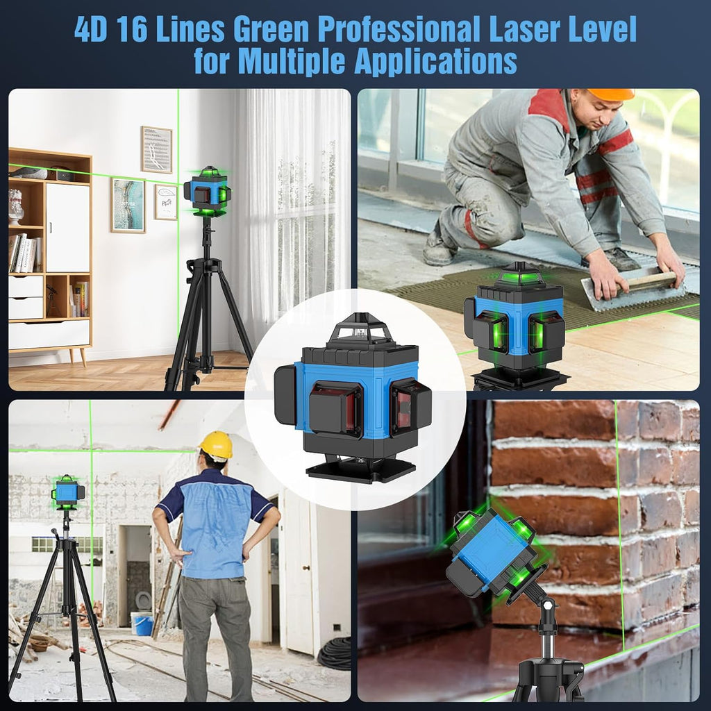 Laser Level with Tripod Self Leveling 4x360°, 4D 16 Lines Green Laser Level with 2 x 2400mAh Batteries, Adjustable Tripod, Swivel Base Remote Control Wall Bracket, IP54 Waterproof and Dustproof(Blue)