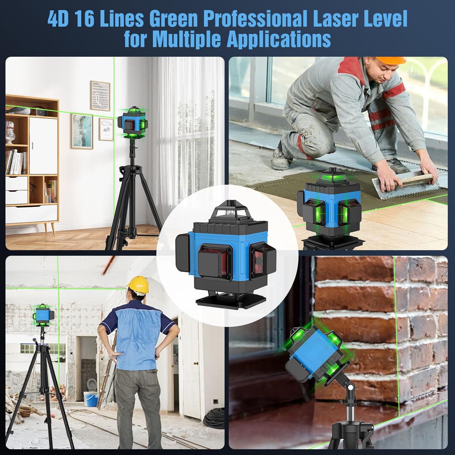 Laser Level with Tripod Self Leveling 4x360°, 4D 16 Lines Green Laser Level with 2 x 2400mAh Batteries, Adjustable Tripod, Swivel Base Remote Control Wall Bracket, IP54 Waterproof and Dustproof(Blue)