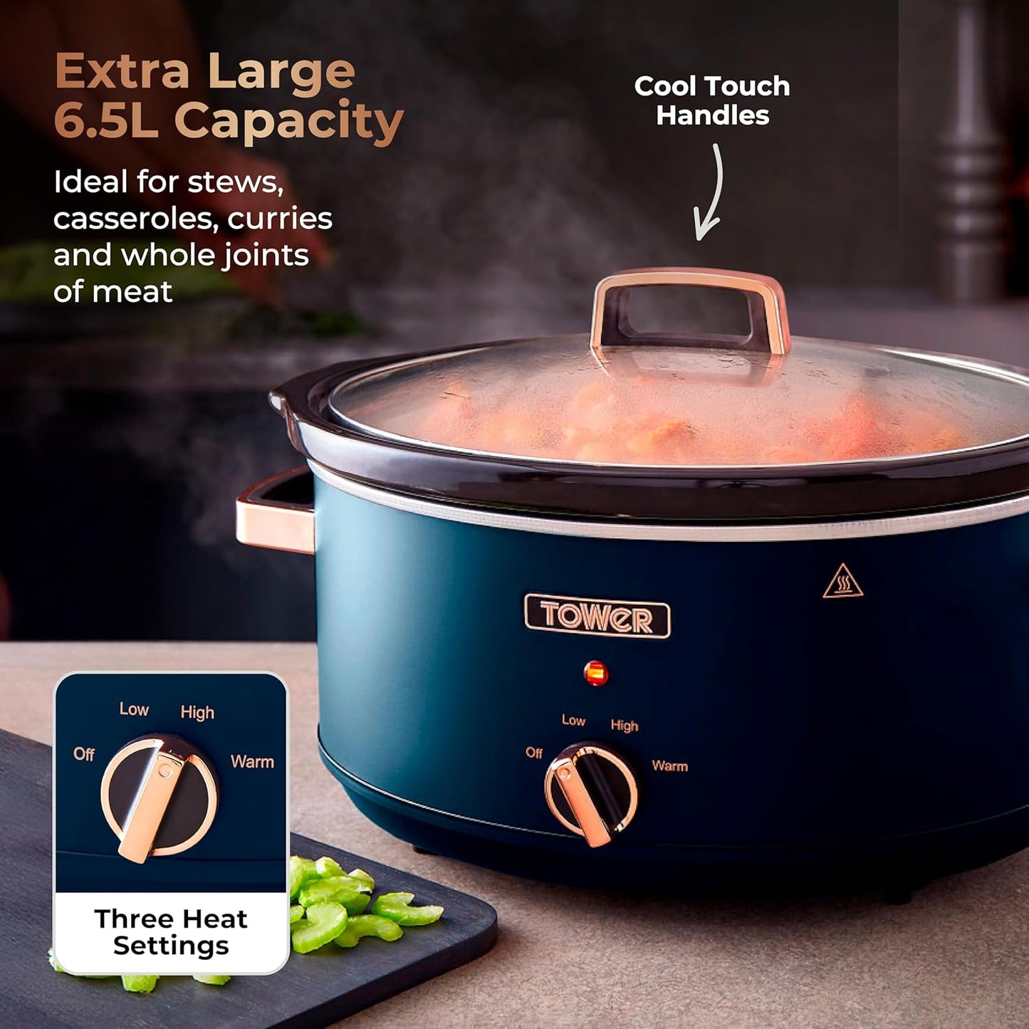Tested Tower Cavaletto 6.5 Litre Slow Cooker with 3 Heat Settings, Removable Dishwasher Safe Pot, Cool Touch Handles, Up to 8 Portions, Midnight Blue and Rose Gold