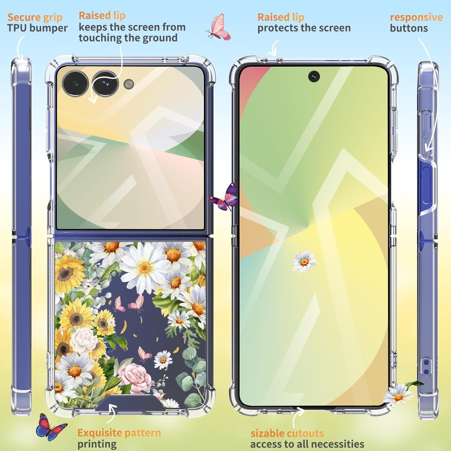 Samsung Galaxy Z Flip 6 Case 5G Flower Slim Anti-Drop Shockproof Protective Soft Shockproof Clear Phone Protective Covers 6.85 Inch for Women