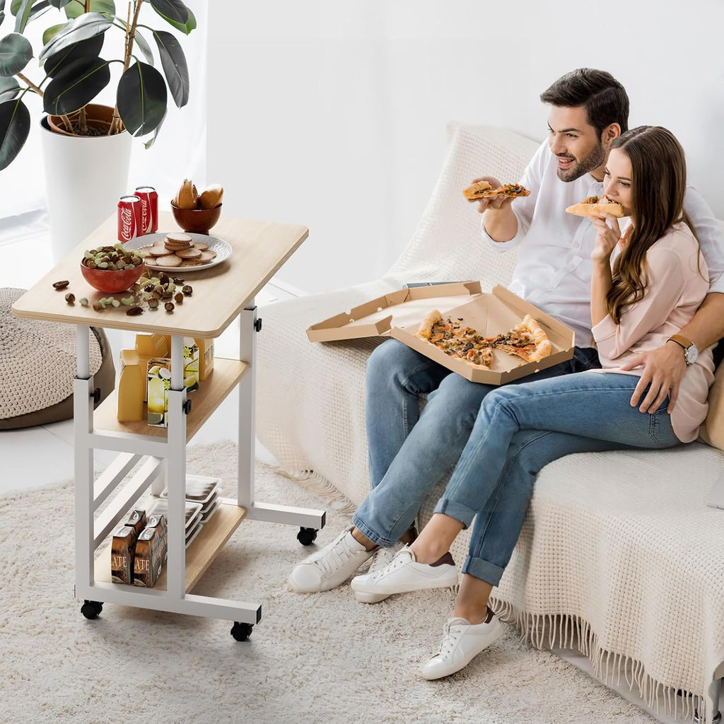 Height Adjustable Computer Desk Table Movable Office Desk with Wheels,Laptop Table Study Gaming Desktop Workstation 2 Shelves for Home Office Furniture