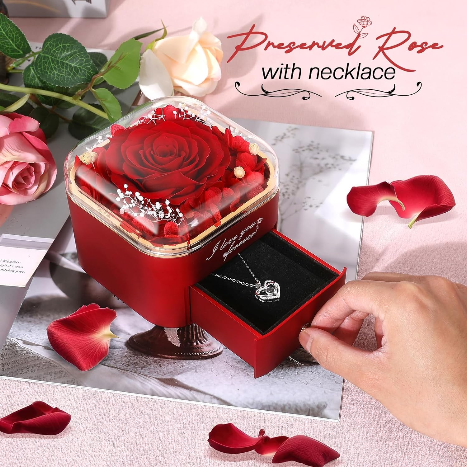 Preserved Red Real Rose with I Love You Necklace in 100 Languages-Eternal Flowers Rose Gifts for Women Mum Wife Girlfriend on Christmas Valentines Day Mothers Day Anniversary Birthday