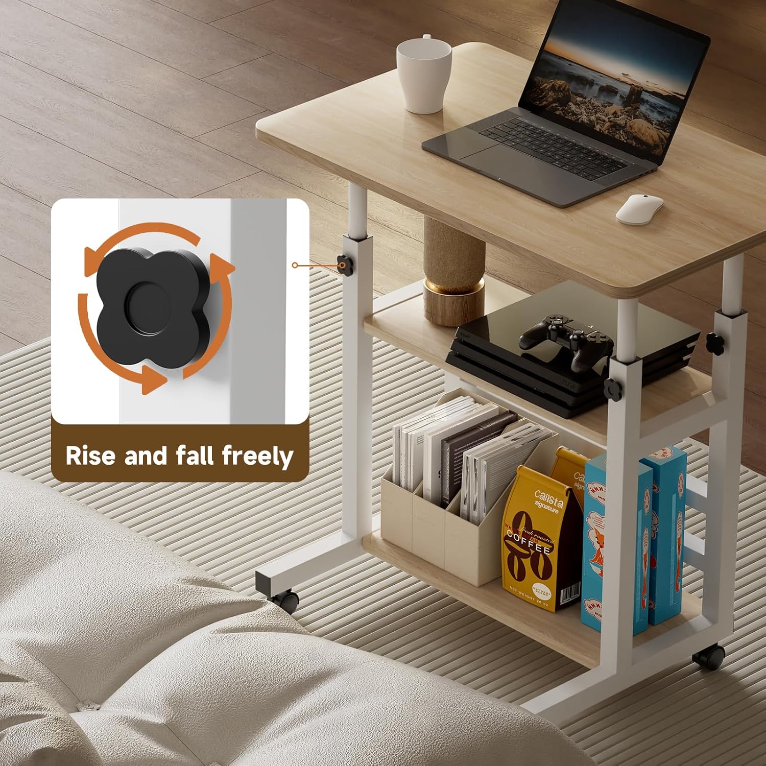 Height Adjustable Computer Desk Table Movable Office Desk with Wheels,Laptop Table Study Gaming Desktop Workstation 2 Shelves for Home Office Furniture