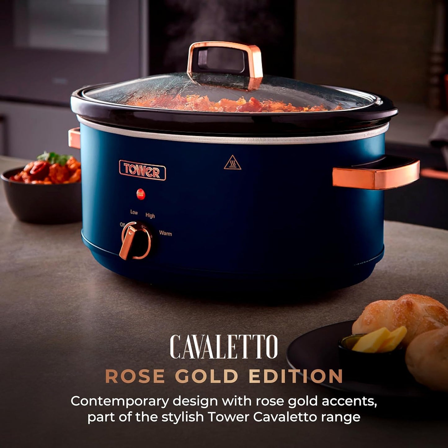 Tested Tower Cavaletto 6.5 Litre Slow Cooker with 3 Heat Settings, Removable Dishwasher Safe Pot, Cool Touch Handles, Up to 8 Portions, Midnight Blue and Rose Gold