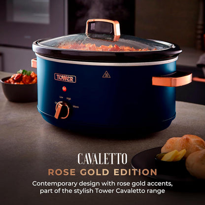 Tested Tower Cavaletto 6.5 Litre Slow Cooker with 3 Heat Settings, Removable Dishwasher Safe Pot, Cool Touch Handles, Up to 8 Portions, Midnight Blue and Rose Gold