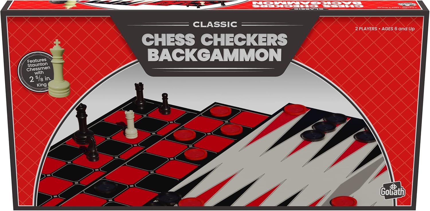 Goliath Games: Classic Chess, Checkers & Backgammon Triple Pack | Traditional Board Games for Kids and Adults | For 2 Players Ages 6+