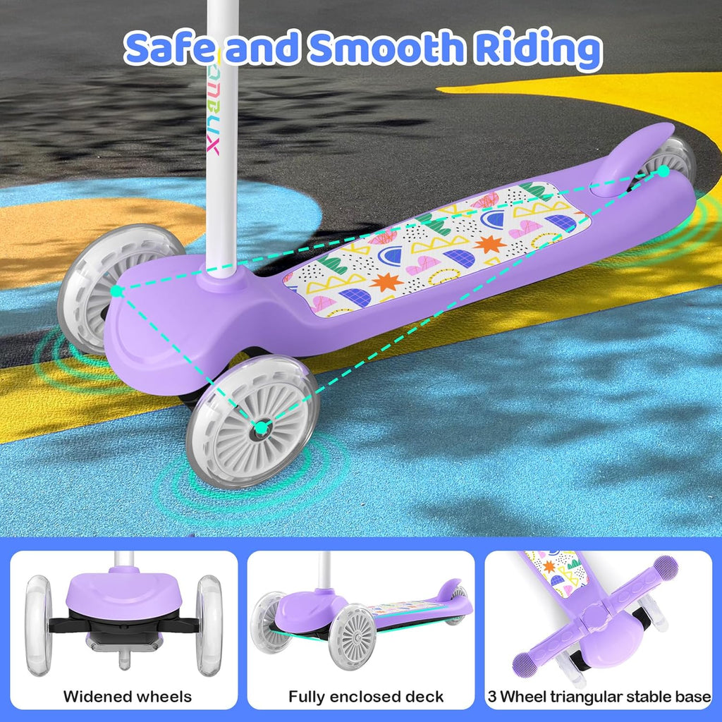 Kids Scooter for Ages 3-5, Toddler Scooter with Light-Up Deck and Wheels, Adjustable 4-Level Height 3-Wheel Scooters for Kids, Lean-to-Steer Design