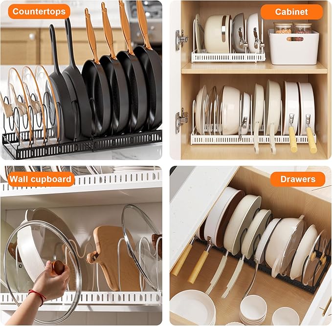 Expandable Pans Organiser Rack, Pan Lid Storage with 10 Adjustable Dividers, Pot Lid Holder, Kitchen Cupboard Organiser (Black) (Pack of 2)