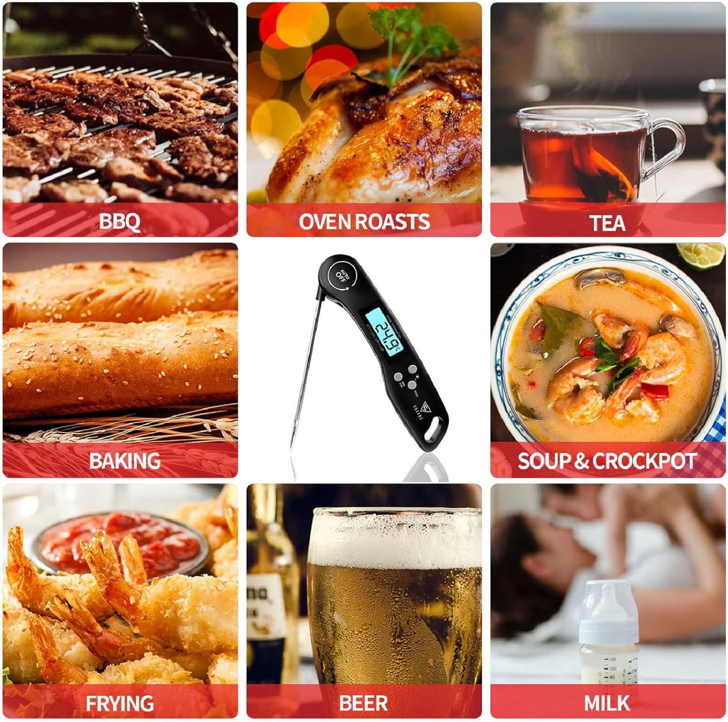 Meat Thermometer, 3s Instant Read Food Thermometer-Backlit LCD, Foldable Probe, Auto On/Off, ±1℃ Accuracy, Food Probe for BBQ Grill, Kitchen Cooking, Milk, Black
