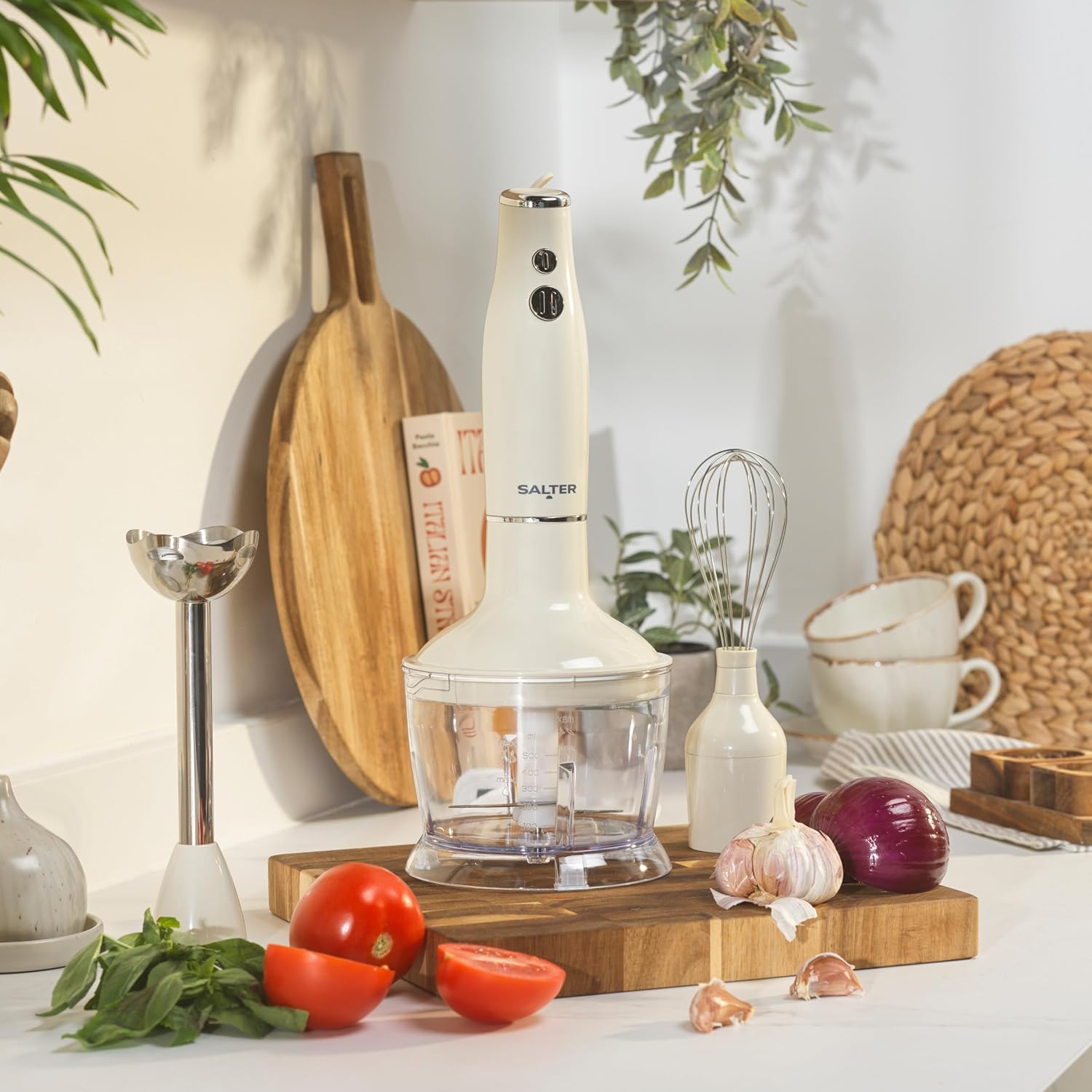 Salter Retro 3-in-1 Blender Set – 600W Powerful Motor, 2 Speed Settings, Stainless Steel Whisk & Blades, 500ml Food Chopper Bowl, Multifunctional Hand Blender for Whisking, Blending & Chopping, Cream