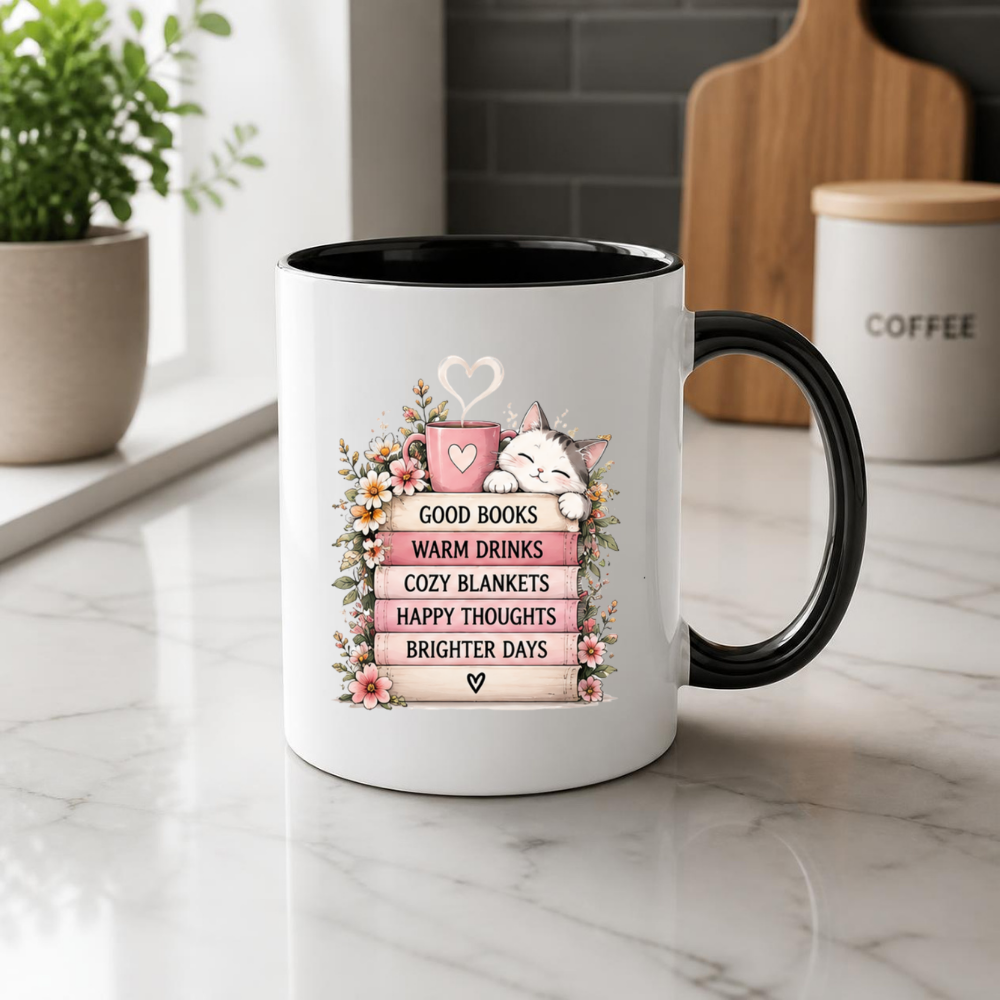 Cozy Reading Mug "Good Books Warm Drinks Cozy Blankets" Cute Cat & Book Stack 325ml Ceramic Coffee Mug – Bookworm and Cat Lover Tea Cup with Floral Frame Graphic Gift | Available in Multicolours | Fast Dispatch by UK Seller (M3031)