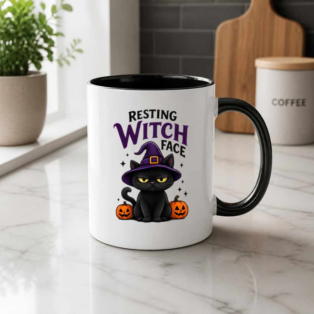 Halloween Mug "RESTING WITCH Face" Grumpy Black Cat 325ml Ceramic Coffee Mug – Sassy Witch Hat Tea Cup with Pumpkin & Sparkles Graphic Gift | Available in Multicolours | Fast Dispatch by UK Seller (M3075)