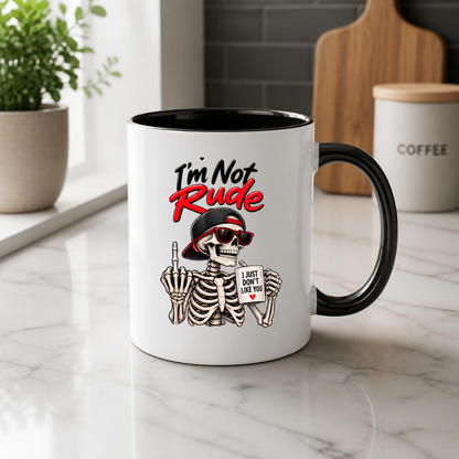 Sarcastic Mug "I'M NOT RUDE" Skeleton 325ml Ceramic Coffee Mug Novelty Skeleton Tea Cup with Sunglasses, Snapback Cap & "I JUST DON'T LIKE YOU" Mug Graphic Gift | Available in Multicolours | Fast Dispatch by UK Seller (M3091)
