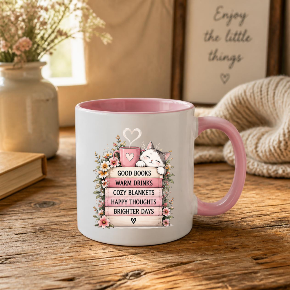 Cozy Reading Mug "Good Books Warm Drinks Cozy Blankets" Cute Cat & Book Stack 325ml Ceramic Coffee Mug – Bookworm and Cat Lover Tea Cup with Floral Frame Graphic Gift | Available in Multicolours | Fast Dispatch by UK Seller (M3031)