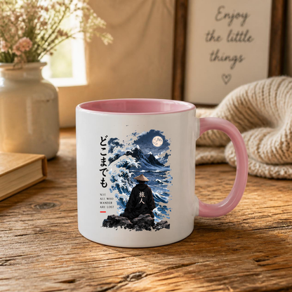 Inspirational Japanese Wanderer Mug "NOT ALL Who Wander Are Lost" Great Wave & Full Moon 325ml Ceramic Coffee Mug – Aesthetic Mindful Tea Cup With Japanese Kanji Graphic Gift | Available in Multicolours | Fast Dispatch by UK Seller (M3051)