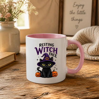 Halloween Mug "RESTING WITCH Face" Grumpy Black Cat 325ml Ceramic Coffee Mug – Sassy Witch Hat Tea Cup with Pumpkin & Sparkles Graphic Gift | Available in Multicolours | Fast Dispatch by UK Seller (M3075)