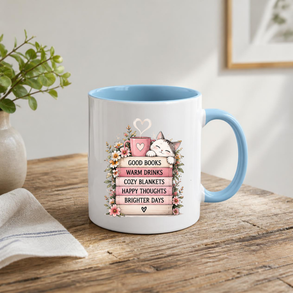 Cozy Reading Mug "Good Books Warm Drinks Cozy Blankets" Cute Cat & Book Stack 325ml Ceramic Coffee Mug – Bookworm and Cat Lover Tea Cup with Floral Frame Graphic Gift | Available in Multicolours | Fast Dispatch by UK Seller (M3031)