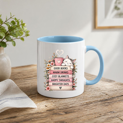 Cozy Reading Mug "Good Books Warm Drinks Cozy Blankets" Cute Cat & Book Stack 325ml Ceramic Coffee Mug – Bookworm and Cat Lover Tea Cup with Floral Frame Graphic Gift | Available in Multicolours | Fast Dispatch by UK Seller (M3031)