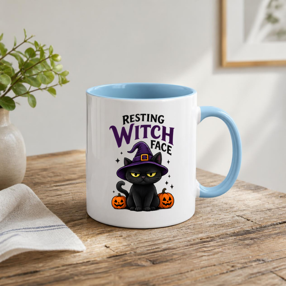 Halloween Mug "RESTING WITCH Face" Grumpy Black Cat 325ml Ceramic Coffee Mug – Sassy Witch Hat Tea Cup with Pumpkin & Sparkles Graphic Gift | Available in Multicolours | Fast Dispatch by UK Seller (M3075)