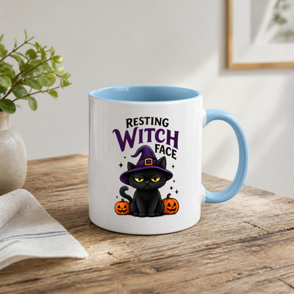 Halloween Mug "RESTING WITCH Face" Grumpy Black Cat 325ml Ceramic Coffee Mug – Sassy Witch Hat Tea Cup with Pumpkin & Sparkles Graphic Gift | Available in Multicolours | Fast Dispatch by UK Seller (M3075)