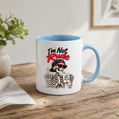 Sarcastic Mug "I'M NOT RUDE" Skeleton 325ml Ceramic Coffee Mug Novelty Skeleton Tea Cup with Sunglasses, Snapback Cap & "I JUST DON'T LIKE YOU" Mug Graphic Gift | Available in Multicolours | Fast Dispatch by UK Seller (M3091)