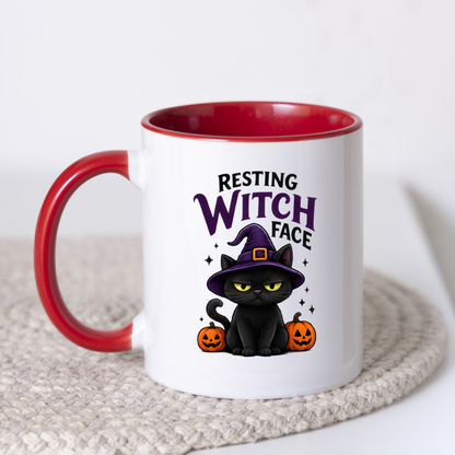 Halloween Mug "RESTING WITCH Face" Grumpy Black Cat 325ml Ceramic Coffee Mug – Sassy Witch Hat Tea Cup with Pumpkin & Sparkles Graphic Gift | Available in Multicolours | Fast Dispatch by UK Seller (M3075)
