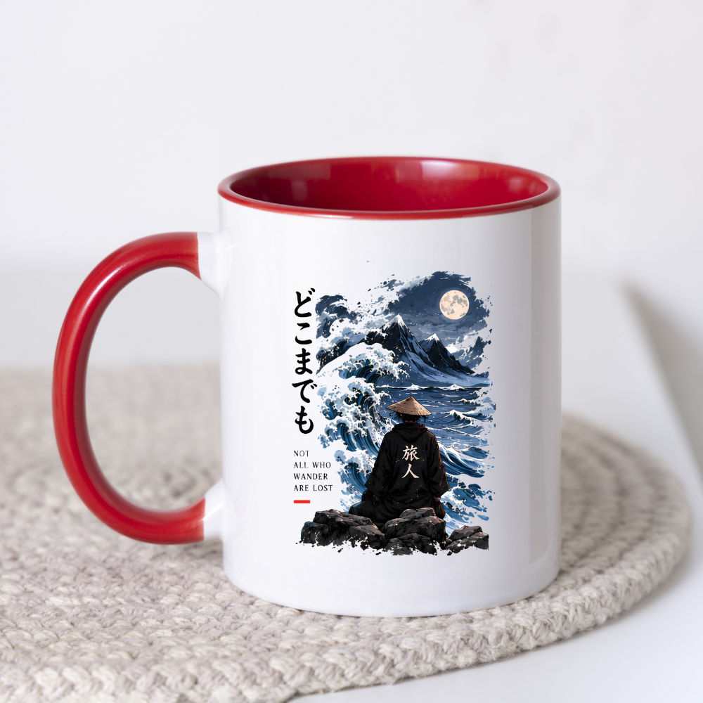Inspirational Japanese Wanderer Mug "NOT ALL Who Wander Are Lost" Great Wave & Full Moon 325ml Ceramic Coffee Mug – Aesthetic Mindful Tea Cup With Japanese Kanji Graphic Gift | Available in Multicolours | Fast Dispatch by UK Seller (M3051)