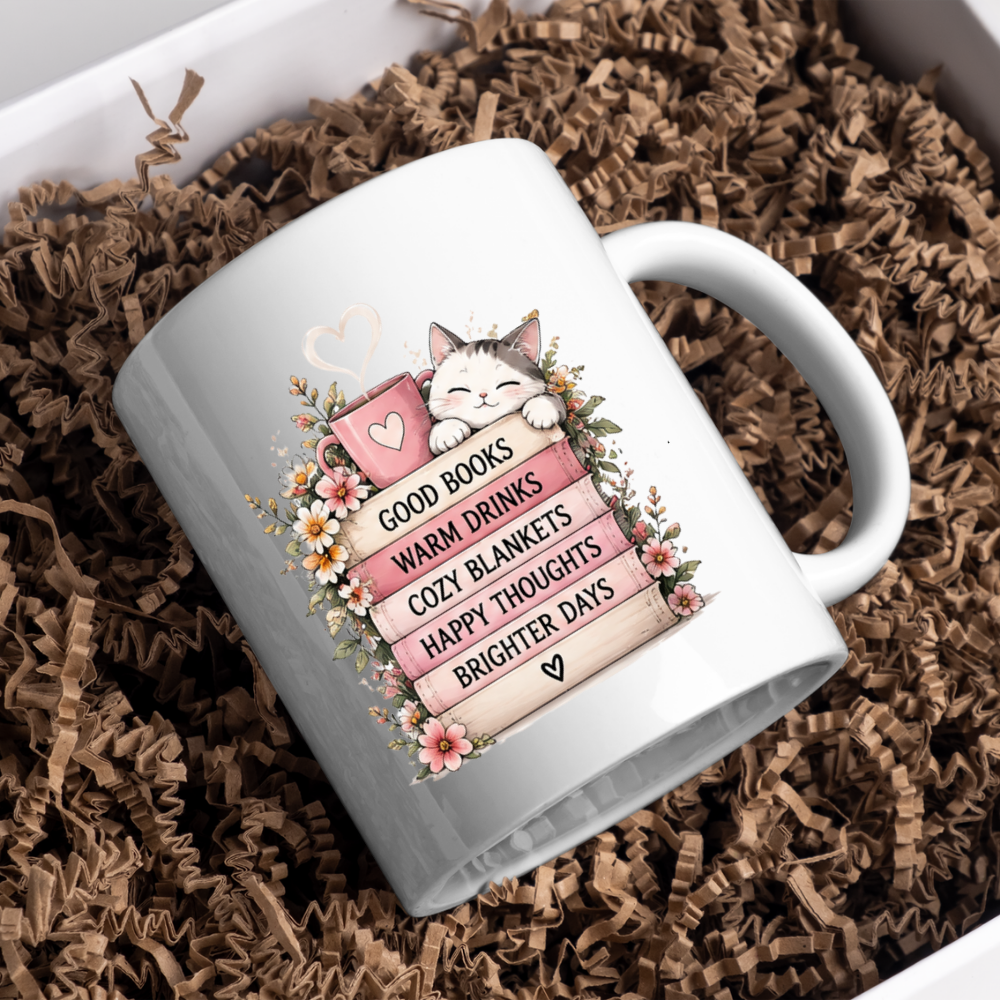 Cozy Reading Mug "Good Books Warm Drinks Cozy Blankets" Cute Cat & Book Stack 325ml Ceramic Coffee Mug – Bookworm and Cat Lover Tea Cup with Floral Frame Graphic Gift | Available in Multicolours | Fast Dispatch by UK Seller (M3031)