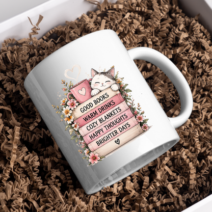 Cozy Reading Mug "Good Books Warm Drinks Cozy Blankets" Cute Cat & Book Stack 325ml Ceramic Coffee Mug – Bookworm and Cat Lover Tea Cup with Floral Frame Graphic Gift | Available in Multicolours | Fast Dispatch by UK Seller (M3031)