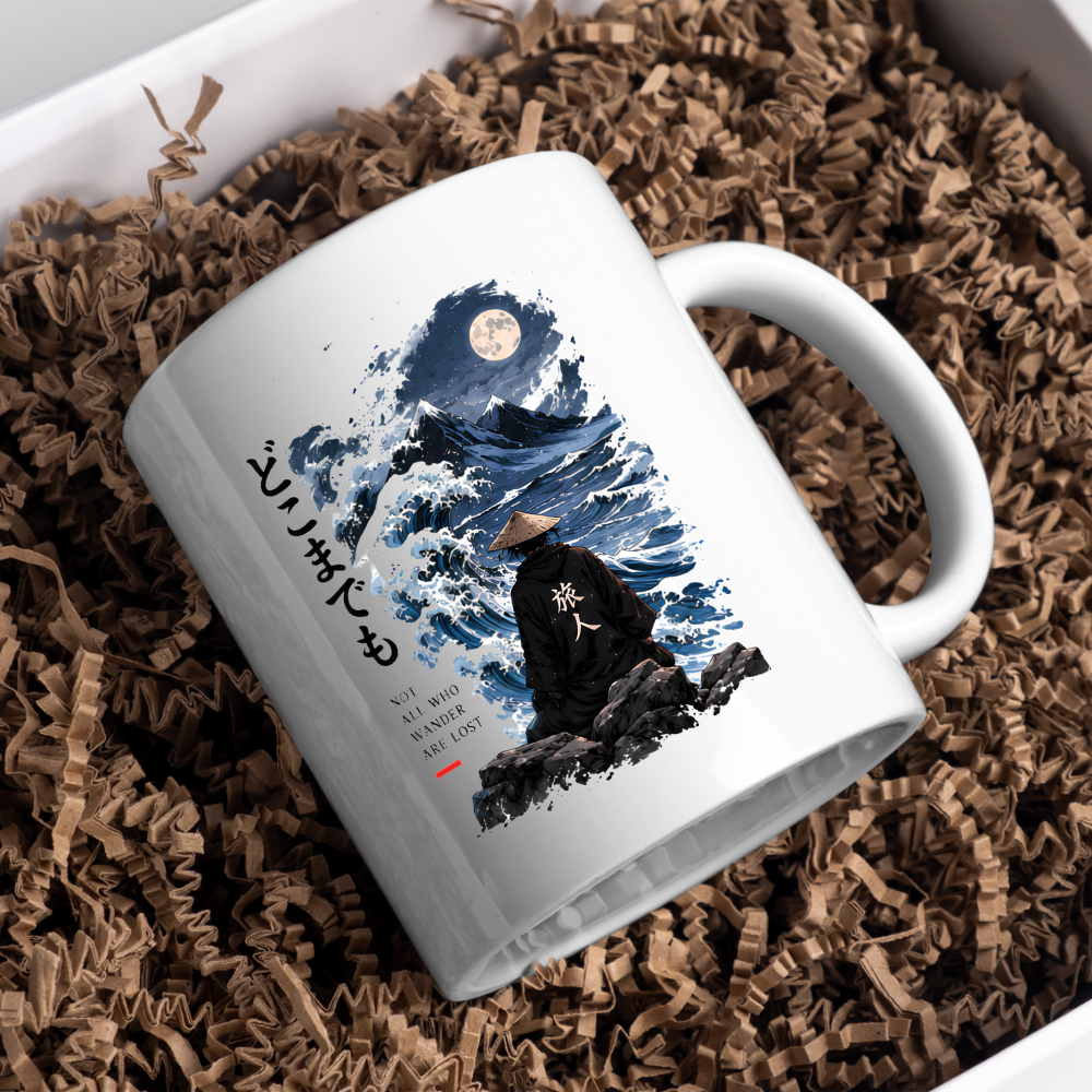 Inspirational Japanese Wanderer Mug "NOT ALL Who Wander Are Lost" Great Wave & Full Moon 325ml Ceramic Coffee Mug – Aesthetic Mindful Tea Cup With Japanese Kanji Graphic Gift | Available in Multicolours | Fast Dispatch by UK Seller (M3051)