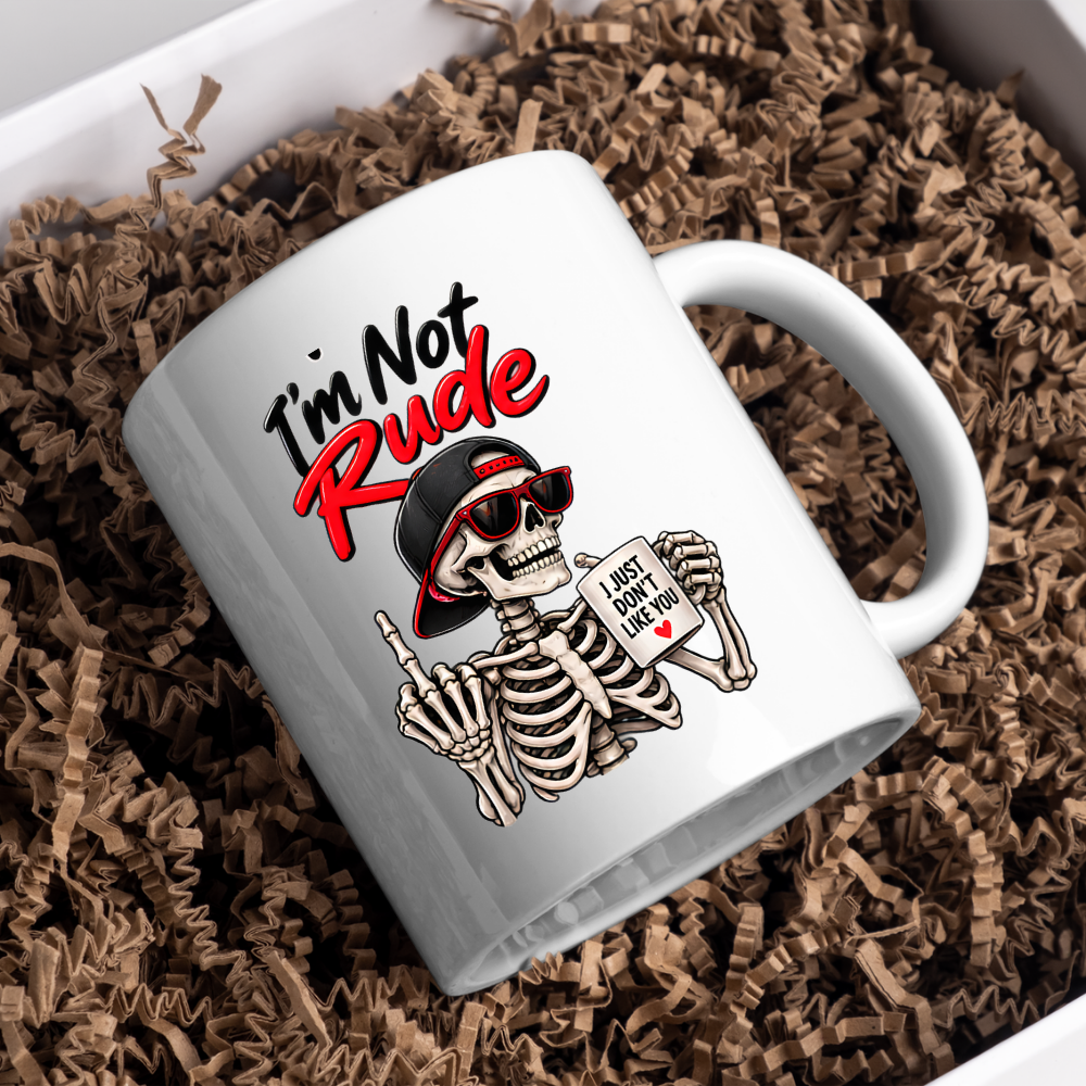 Sarcastic Mug "I'M NOT RUDE" Skeleton 325ml Ceramic Coffee Mug Novelty Skeleton Tea Cup with Sunglasses, Snapback Cap & "I JUST DON'T LIKE YOU" Mug Graphic Gift | Available in Multicolours | Fast Dispatch by UK Seller (M3091)
