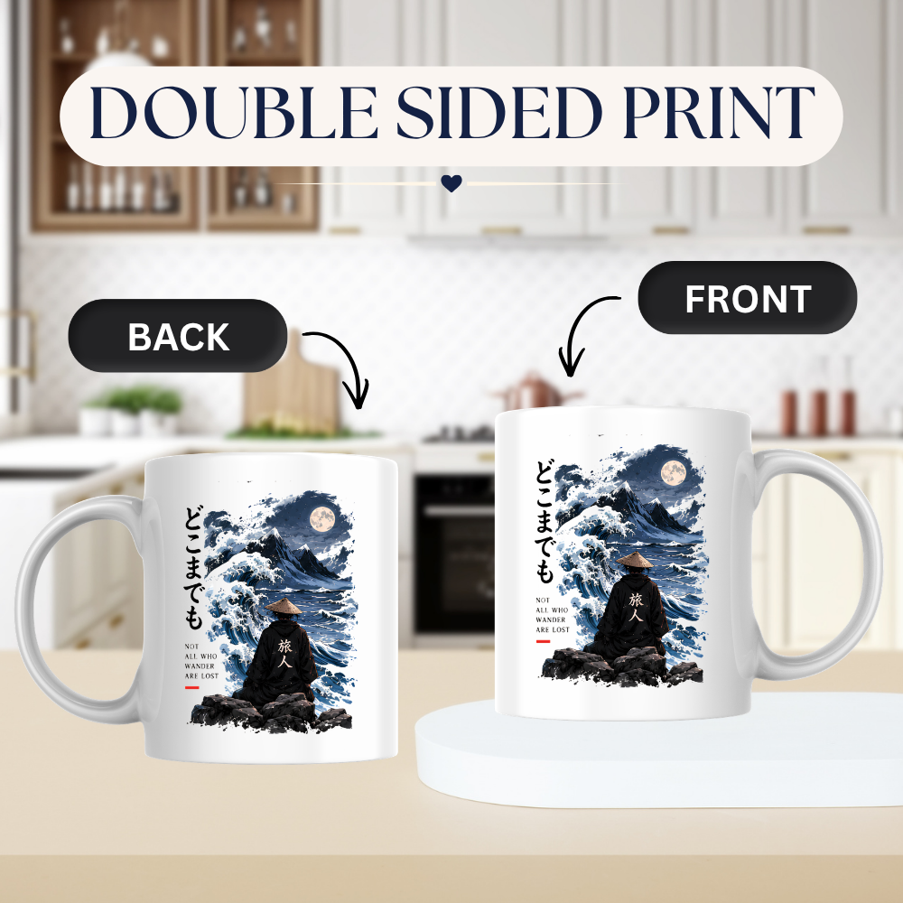 Inspirational Japanese Wanderer Mug "NOT ALL Who Wander Are Lost" Great Wave & Full Moon 325ml Ceramic Coffee Mug – Aesthetic Mindful Tea Cup With Japanese Kanji Graphic Gift | Available in Multicolours | Fast Dispatch by UK Seller (M3051)