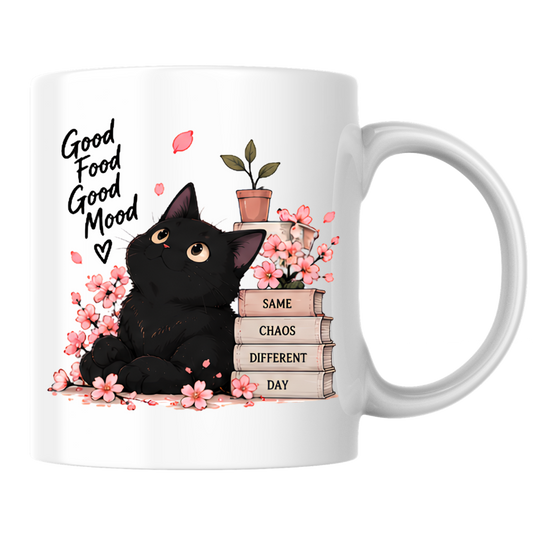 Inspirational Black Cat Mug "Good Food Good Mood" Books & Cherry Blossom 325ml Ceramic Coffee Mug – Mindful Tea Cup with Cute Kitten Graphic Gift | Available in Multicolours | Fast Dispatch by UK Seller (M3040)