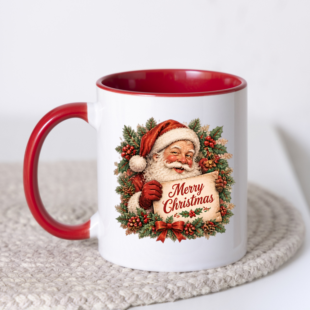 Vintage Santa Claus Christmas Scroll Mug "Merry Christmas" Vintage Santa Claus 325ml Ceramic Coffee Mug – Nostalgic Santa Claus holding Merry Christmas Scroll with Holly Wreath & Red Bow | Festive Holiday Gift | Fast Dispatch by UK Seller (M3414)