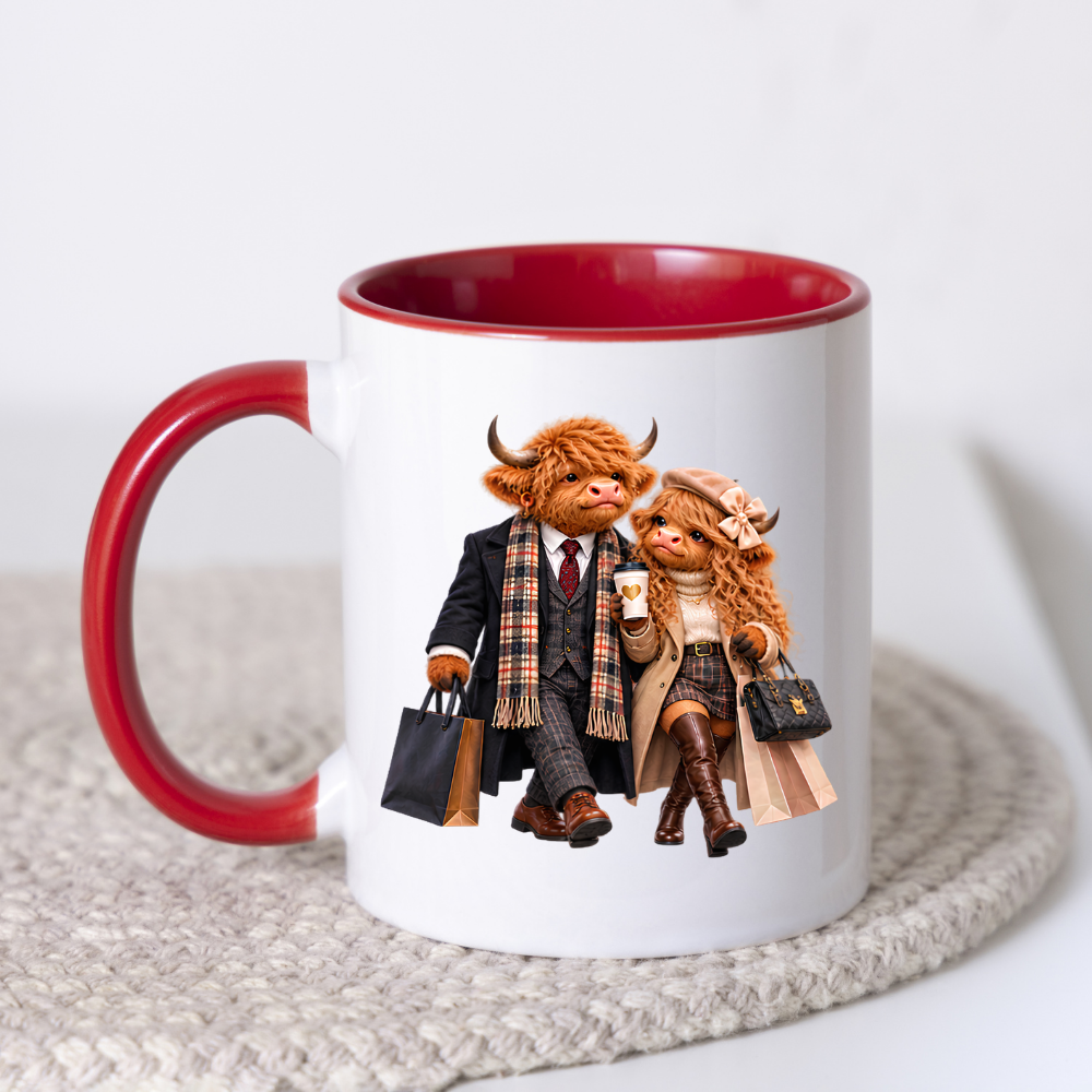 Fashion Mug "Stylish Highland Cow Couple Shopping" Stylish Highland Cow Couple 325ml Ceramic Coffee Mug – Chic Autumn Fashion Tea Cup with Winter Overcoats Designer Handbag Graphic Gift | Available in Multicolours | Fast Dispatch by UK Seller (M3188)