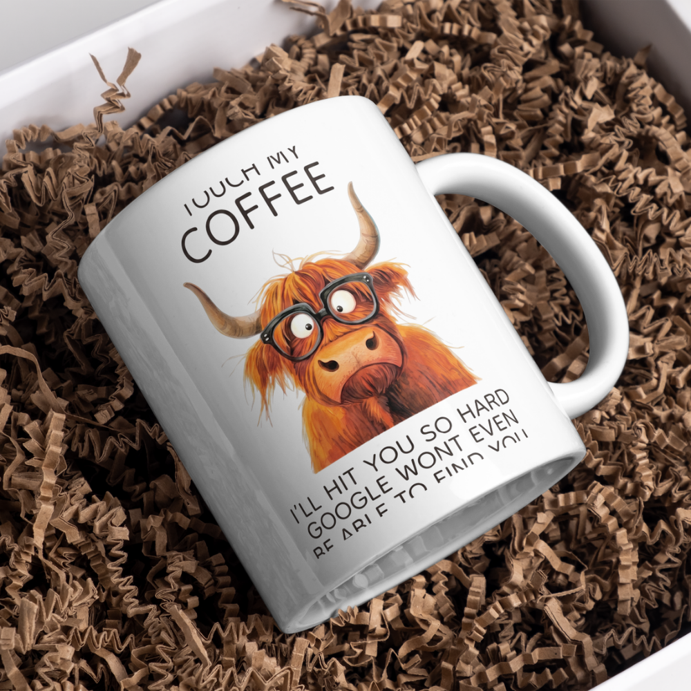 Funny Highland Cow "Touch My Coffee" Coffee Mug - Sarcastic Meme Animal Ceramic Tea Cup with Glasses & Funny Quote Gift (M1206)