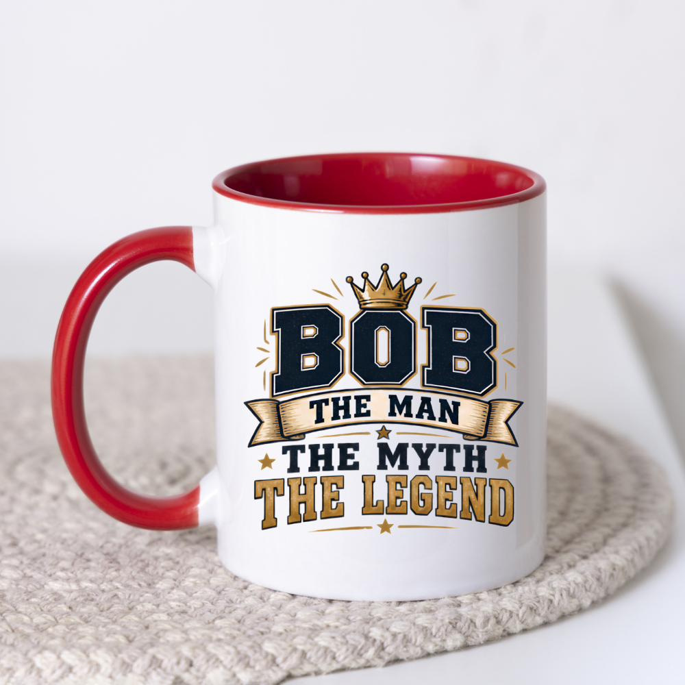 Personalized Name Mug "Bob The Man The Myth The Legend" Bob The Man The Myth The Legend 325ml Ceramic Coffee Mug – Custom Name Typography Slogan with Gold Crown, Banner & Stars | Funny Gift | Fast Dispatch by UK Seller (M3416)