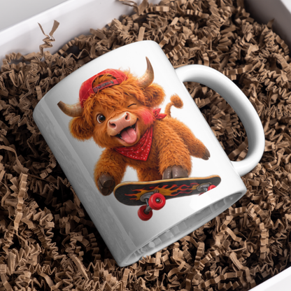 Skateboard Highland Cow Ceramic Coffee Mug - Cool Fluffy Farm Animal Baseball Cap & Bandana Tea Cup for Skaters & Animal Lovers (M1220)