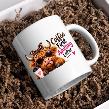 Humorous Mug "Coffee First Adulting Later" Highland Cow 325ml Ceramic Coffee Mug Cute Animal Tea Cup with Sunglasses, Leopard Bow & Coffee Cup Gift | Available in Multicolours | Fast Dispatch by UK Seller (M1276)
