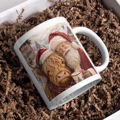 Festive Santa and Highland Cow Christmas Coffee Mug - Cozy Winter Holiday Ceramic Tea Cup with Plaid Scarf & Snow Scene Gift (M1214)
