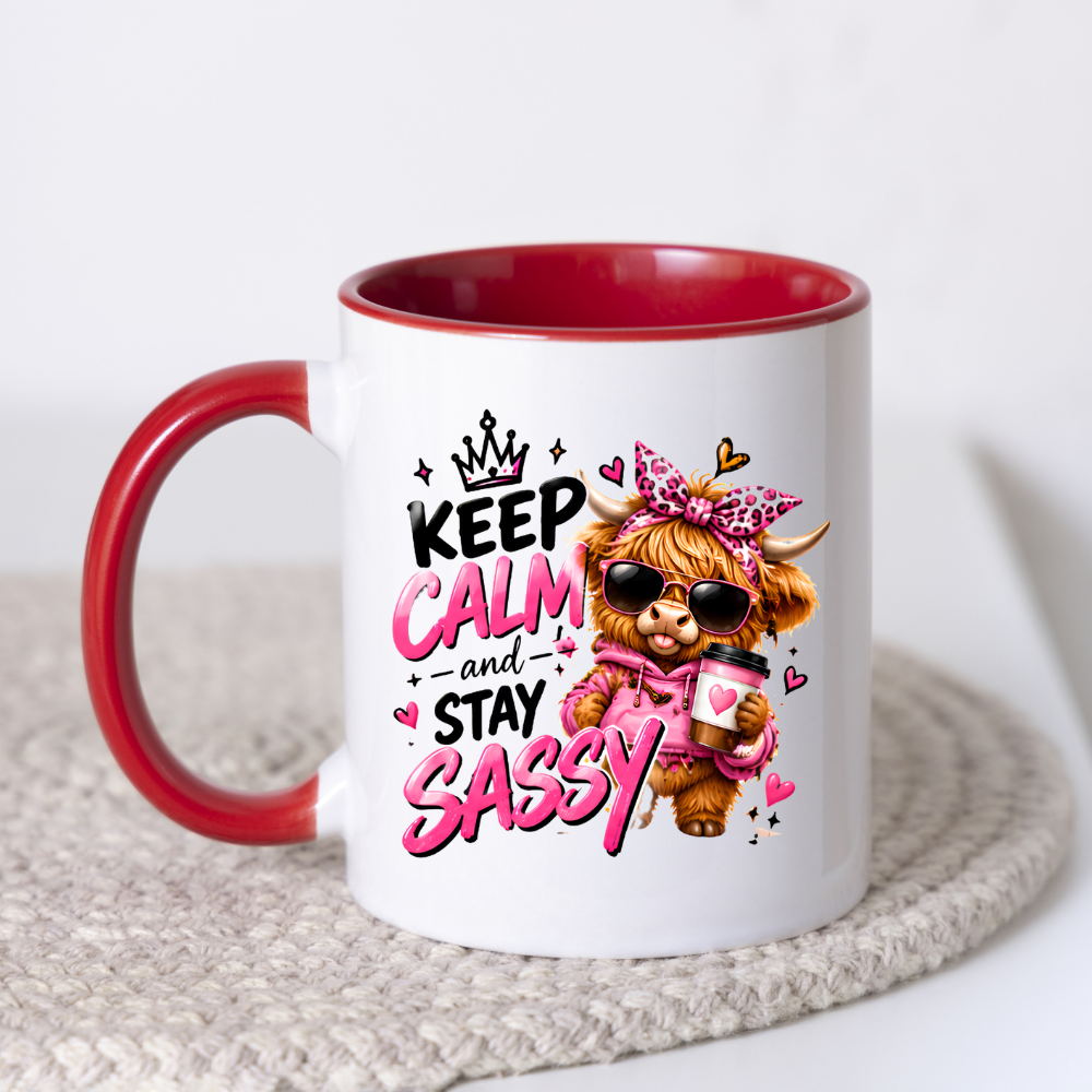 Highland Cow Mug "Keep Calm And Stay Sassy" 325ml Ceramic Coffee Tea Cup – Pink Leopard Bow, Hoodie, Coffee & Slogan Novelty Gift for Bestie, Women, Birthday – Fast Dispatch by UK Seller (M3503)