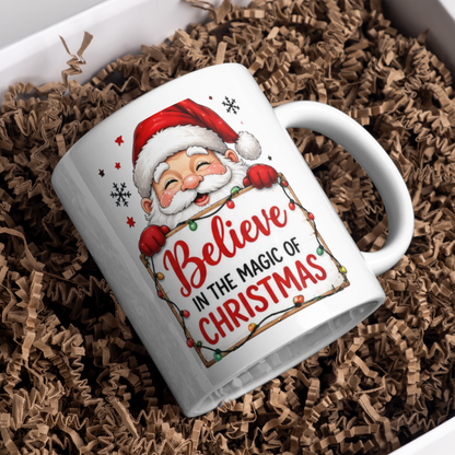 Magical Mug "Believe in the Magic of Christmas" Santa Ceramic Coffee Mug – Cute Holiday Tea Cup with Fairy Lights & Wooden Sign Gift 350ml | Available in Multicolours | Fast Dispatch by UK Seller (M1236)