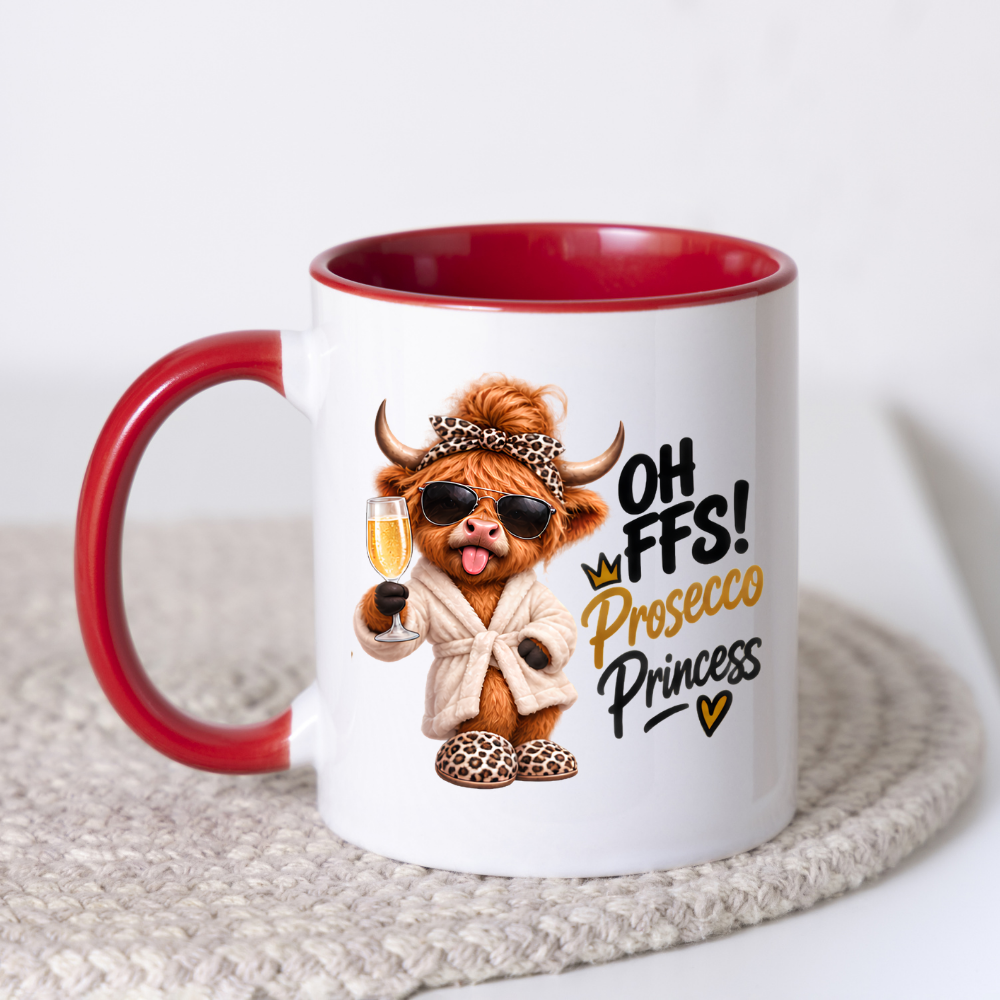 Highland Cow Prosecco Princess Mug "Oh FFS! Prosecco Princess" Oh FFS! Prosecco Princess 325ml Ceramic Coffee Mug – Cute Highland Cow in Bathrobe, Leopard Bow & Slippers holding Champagne Flute | Funny Gift | Fast Dispatch by UK Seller (M3393)