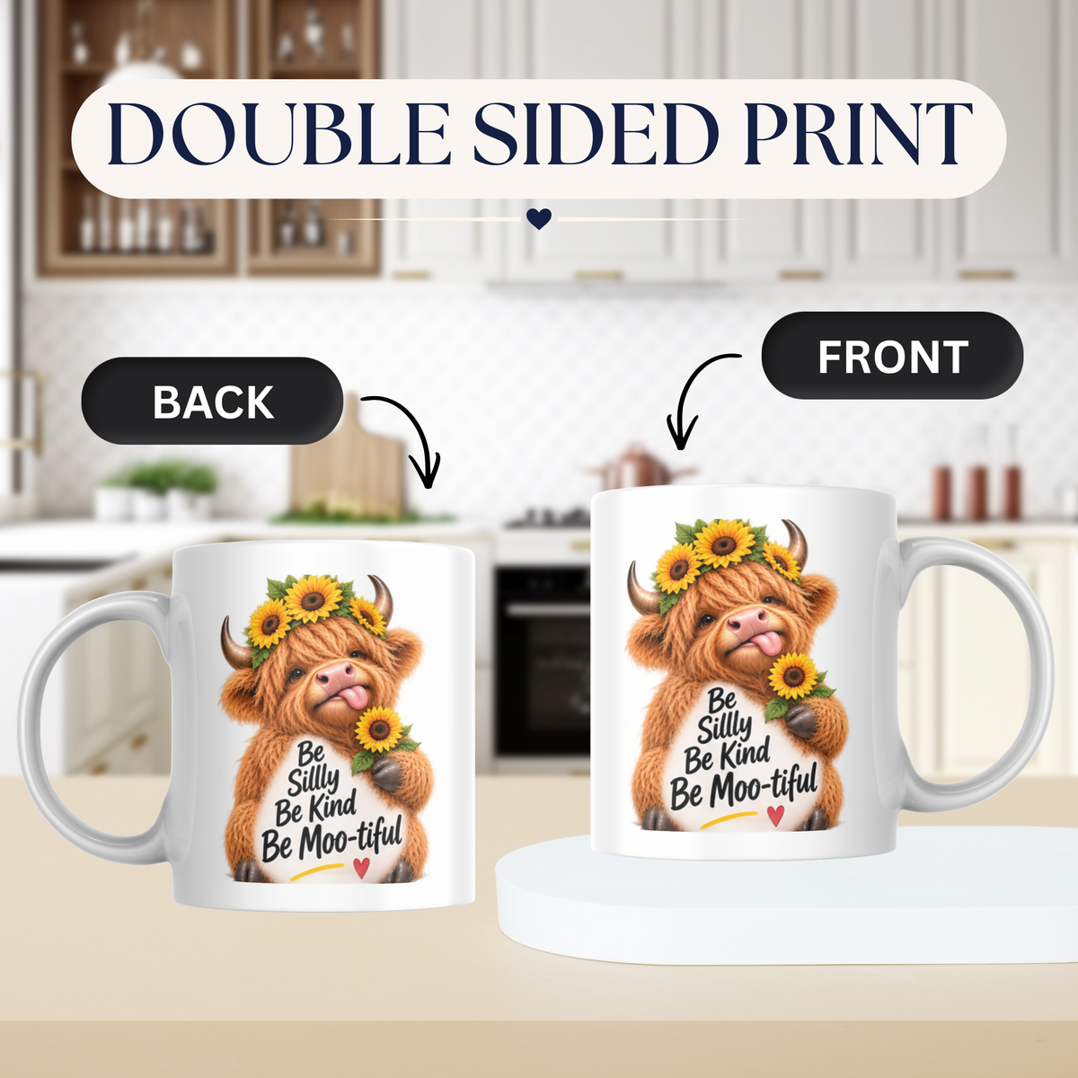Uplifting Mug "Be Silly Be Kind Be Moo-tiful" Highland Cow Ceramic Coffee Mug - Cute Sunflower Farm Animal Tea Cup with Floral Crown Gift | Available in Multicolours | Fast Dispatch by UK Seller (M1224)