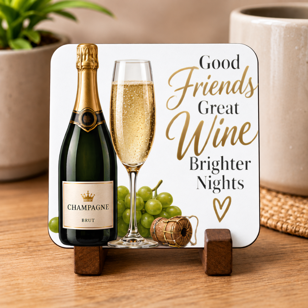 Elegant Champagne & Friends Hardboard Coaster "Good Friends Great Wine Brighter Nights" Graphic 9cm x 9cm Square Drinks Coaster “ Champagne Bottle & Flute Novelty Mat | Elegant Glossy Gift for Wine Lovers & Friends | Fast Dispatch by UK Seller (C3014)