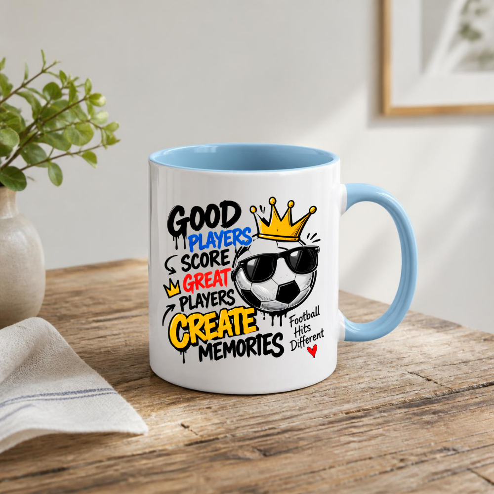 Football Mug "GOOD PLAYERS SCORE GREAT PLAYERS CREATE MEMORY" Cool Football 325ml Ceramic Coffee Mug – Sporty Football Tea Cup with Crown, Sunglasses & "Football Hits Different" Graphic Gift | Available in Multicolours | Fast Dispatch by UK Seller (M3092)