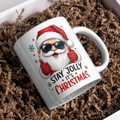 Cool Mug "Stay Jolly It's Christmas" Santa Ceramic Coffee Mug – Funny Holiday Tea Cup with Sunglasses & Thumbs Up Gift 350ml | Available in Multicolours | Fast Dispatch by UK Seller (M1235)