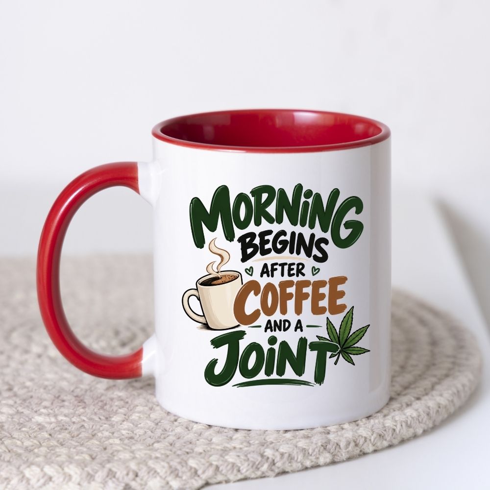 Funny Mug "Morning Begins After Coffee And A Joint" Cannabis Leaf Coffee Cup 350ml, Ceramic Novelty Stoner Humour Gift for Him Her, Funny Adult Joke Mug, Birthday Christmas Secret Santa Stocking Filler | Fast Dispatch by UK Seller (M1100)
