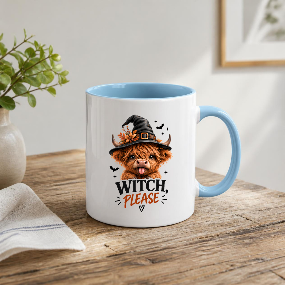Sassy Halloween Highland Cow Mug "Witch, Please" Graphic 325ml Ceramic Coffee Cup Cute Highland Cow in Witch Hat with Bats Novelty Tea Cup | Funny Spooky Season Gift for Her | Available in Multicolours | Fast Dispatch by UK Seller (M3133)