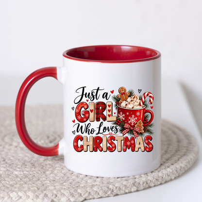 Christmas Mug "Just a Girl Who Loves Christmas" Festive Hot Chocolate Coffee Cup 350ml Ceramic, Cute Gingerbread Candy Cane Winter Gift for Her Mum Daughter Sister Girlfriend, Xmas Secret Santa Stocking Filler | Fast Dispatch by UK Seller (M1144)